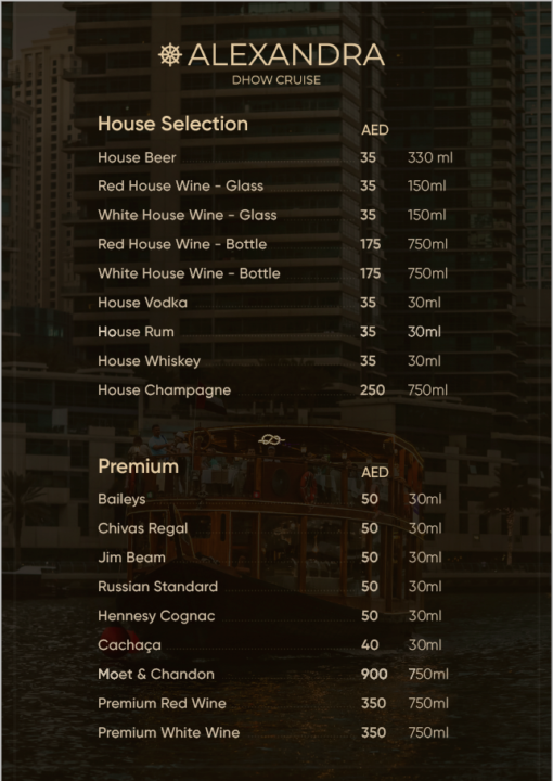 Bar menu for Alexandra Dhow Cruise Dubai Marina
