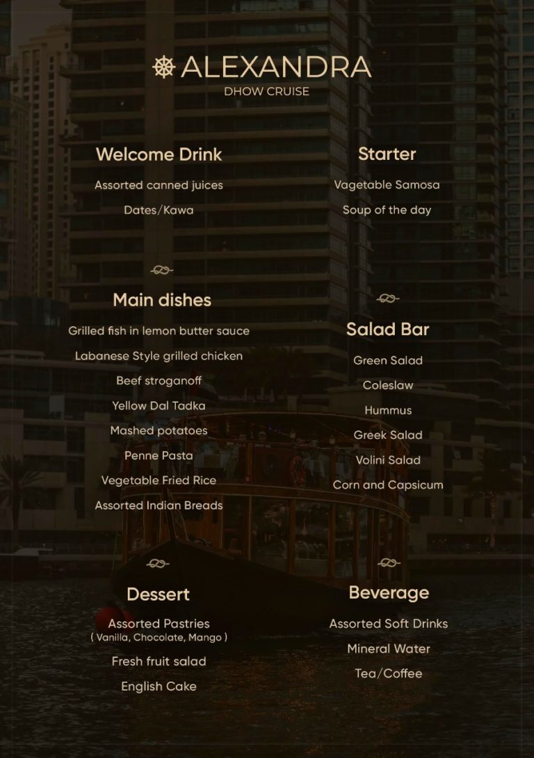 dhow cruise dubai marina food menu